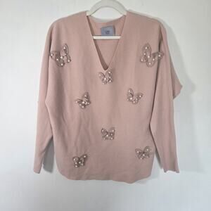 LIV Milano‎ Pink V Neck Sweater Butterfly Leather Detail Womens Size M/L